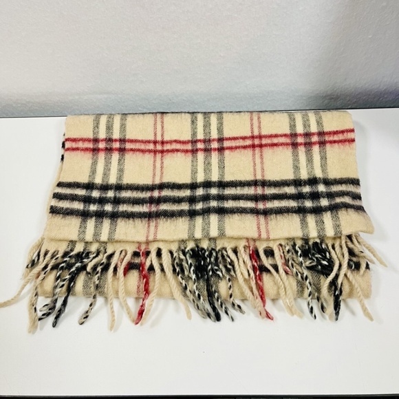 Vintage Tartan Plaid Fringe Scarf Womens Soft Cashmere 12x54 Tan Red Black - Picture 1 of 4
